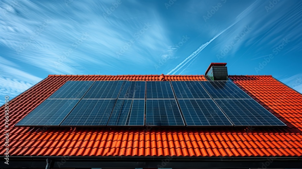 Poster Array of solar panels on a red roof reflecting the sun and the cloudless sky