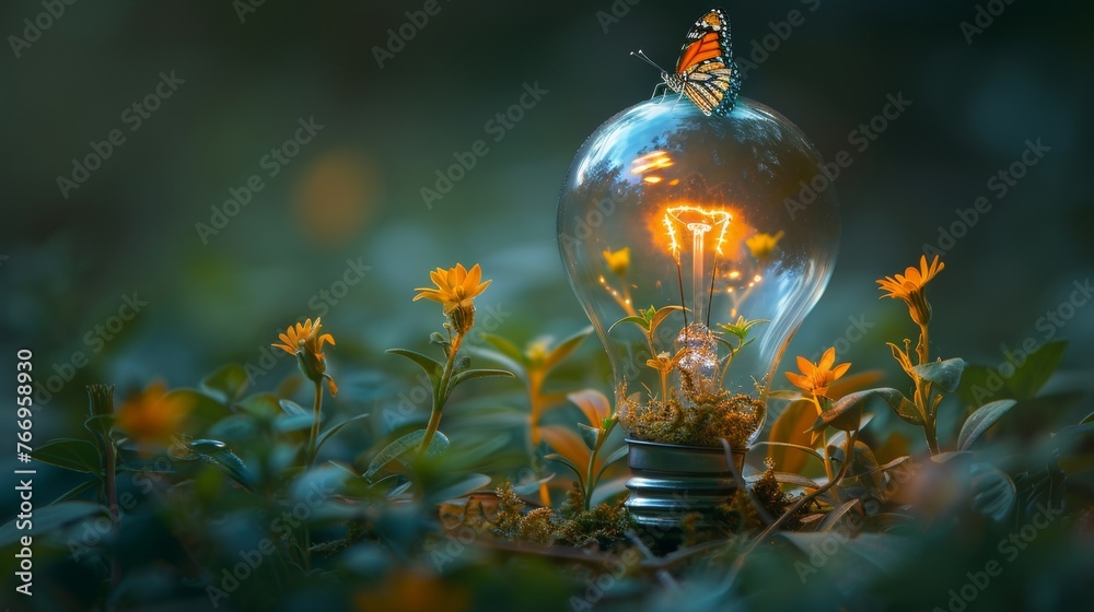 Canvas Prints Plant and butterfly in a light bulb