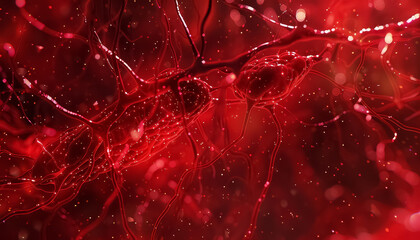 A close up of red blood vessels with a red background - obrazy, fototapety, plakaty