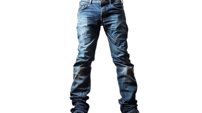 A sophisticated pair of men's denim trousers, exuding urban charm and versatile style, their clean lines and durable fabric accentuated against a transparent white background