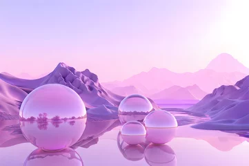 Schilderijen op glas 3D glow modern purple sphere with water landscape wallpaper © Ivanda
