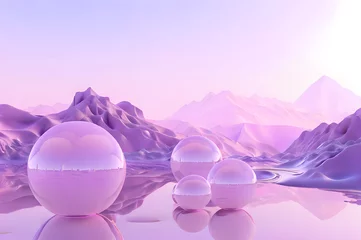 Poster 3D glow modern purple sphere with water landscape wallpaper © Ivanda
