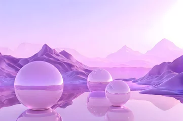 Zelfklevend Fotobehang 3D glow modern purple sphere with water landscape wallpaper © Ivanda