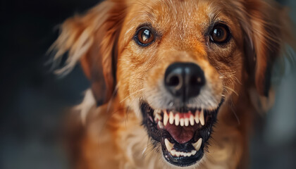 A dog with a big smile on its face and teeth showing
