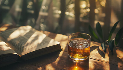 A glass of whiskey sits on a wooden table next to an open book - Powered by Adobe