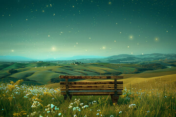 A cozy wooden bench nestled within a field of wildflowers, overlooking rolling hills painted in shades of gold and green under a vast, star-filled sky