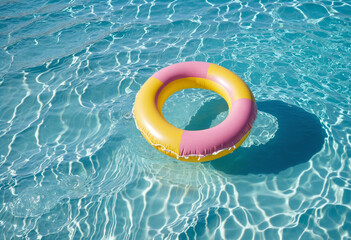 Inflatable pink and yellow ring floating on blue background colorful background