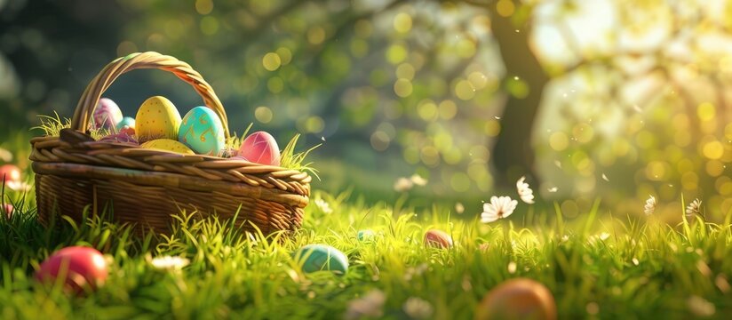 Easter eggs in a basket placed on the grassy meadow