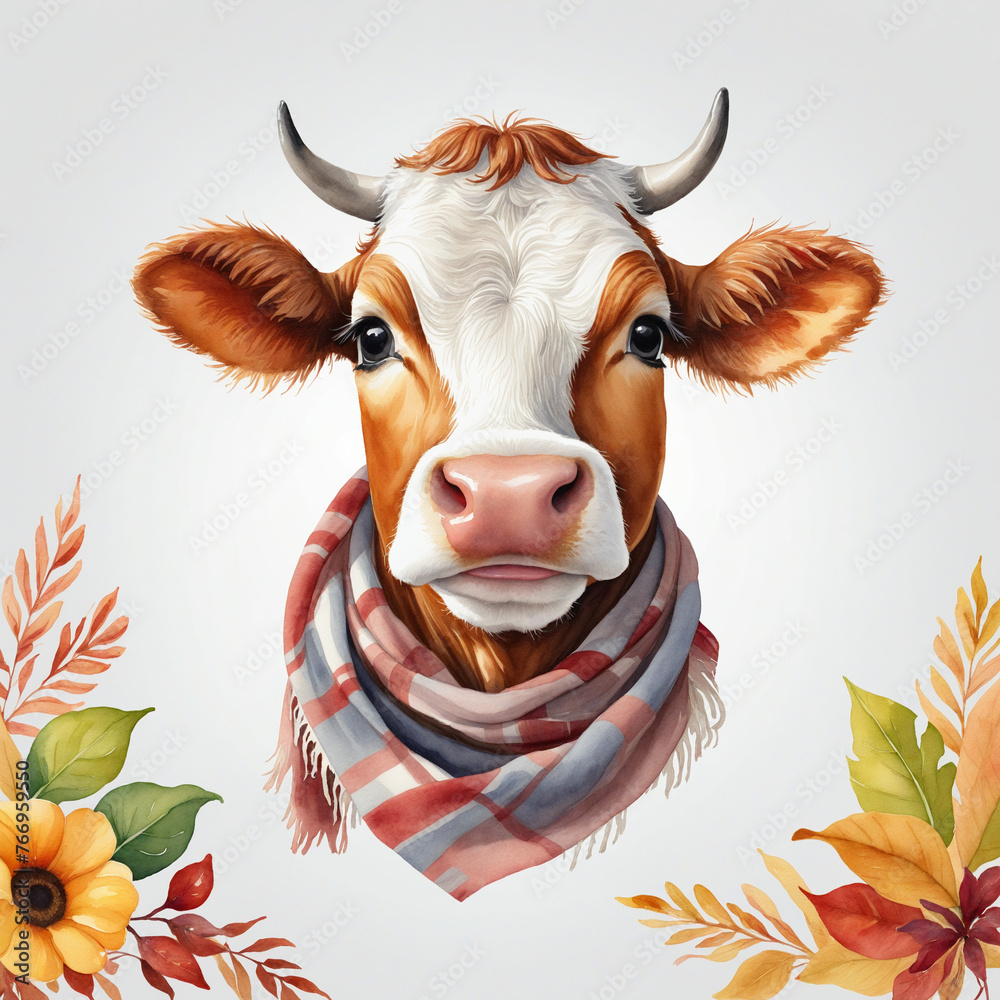 Wall mural  watercolor portraits of a Cute cow with a fall scarf isolated on a transparent background, a Concept autumn card, colorful background