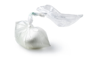 Buffalo mozzarella from Campania in transparent plastic bag isolated on white background, close-up. - 766959532