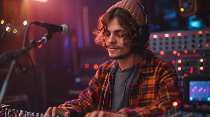 A young, focused music producer with headphones fine-tunes audio levels on a mixing console in a modern sound recording studio