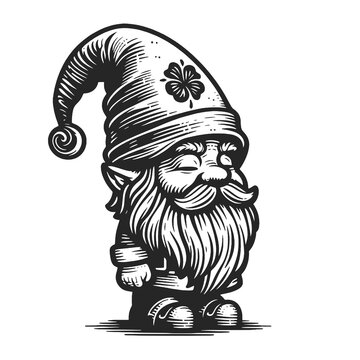 cheerful garden gnome with a tall hat and a long, bushy beard sketch engraving generative ai fictional character raster illustration. Scratch board imitation. Black and white image.