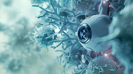 a close-up of a nanobot  set against a backdrop of human cells