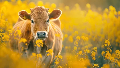 Fototapeten A cow is standing in a field of yellow flowers © terra.incognita