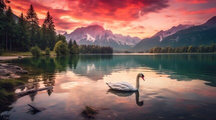 Calm morning view of Fusine lake. Colorful summer sunrise. Natural Landscape - obrazy, fototapety, plakaty