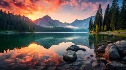Calm morning view of Fusine lake. Colorful summer sunrise. Natural Landscape - obrazy, fototapety, plakaty