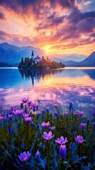 Calm morning view of Fusine lake. Colorful summer sunrise. Natural Landscape