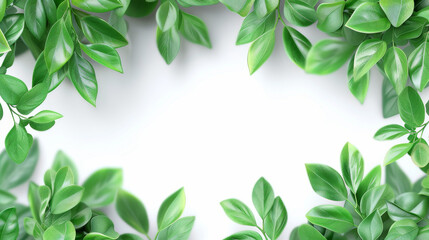 Fresh Green Leaves Frame on White Background