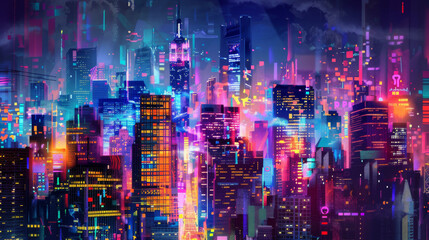 Obraz premium Futuristic Cityscape with Neon Lights and Digital Overlays