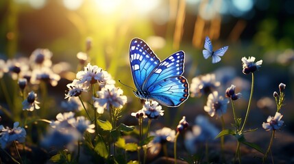Butterfly on a flower. Blue butterfly sitting on a flower.