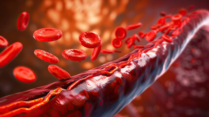 A red blood cell is shown in motion, with many other red blood cells in the background. Concept of life and energy, as the red blood cells are constantly in motion
