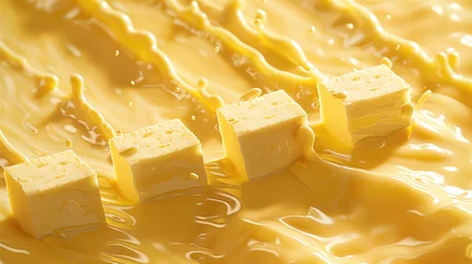 Fotobehang A close-up of four solid cheese blocks creating four distinct lines as they slide out in yellow liquid cheese. The scene is captured from above with intense lighting. Aerial view. Generative AI © Pavithiran