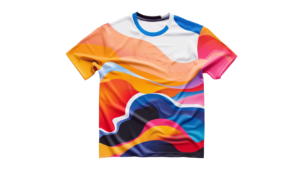 A stylish men's graphic T-shirt, featuring bold artwork and vibrant colors, its modern design captured flawlessly against a pristine white backdrop