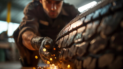 A worker repairing and assembling automobile tires