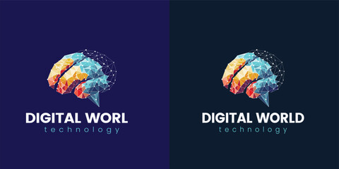 Two different colored logos for digital world technology. The blue logo is a brain with a speech bubble and the red logo is a brain with a speech bubble illustration of an background
