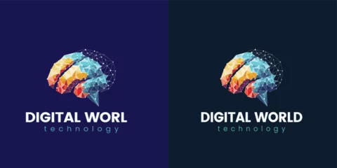 Fotobehang Two different colored logos for digital world technology. The blue logo is a brain with a speech bubble and the red logo is a brain with a speech bubble illustration of an background © Aji