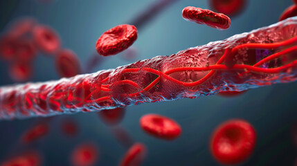 A red blood cell is shown in a close up of a blood vessel - obrazy, fototapety, plakaty