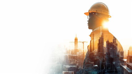 double exposure, a construction worker with helmet standing front a building