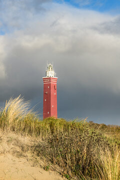The red brick lighthouse Westhoofd standing in the sunlight under a menacing sky situated in the dunes of Ouddorp at the North Sea coast in The Netherlands.