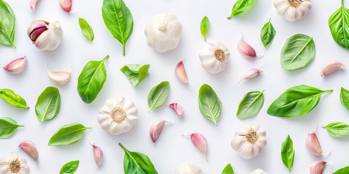 garlic and basil leaves isolated on white, kitchen background