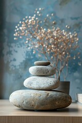 Obraz na płótnie Canvas Zen Stone Podium front view focus with a Tranquil Spa Ba 2