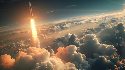 ultra realistic, 8k, a rocket launching into the sky. foresst background. rocket on left - obrazy, fototapety, plakaty