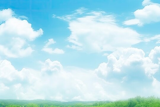 World environment day concept: Abstract blurred beautiful green nature with blue sky and white clouds wallpaper background - generative ai