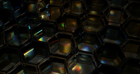 Fototapeta premium Glass hexagons honeycomb with rainbow highlights, abstract background 3d rendering