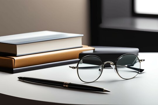 Eyeglasses, pen and a book placed on a white table, image 