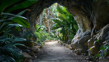 A tunnel in a jungle with plants and trees