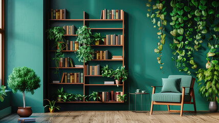 a contemporary style bookshelf adorned with plants that serves as a modern decorative element for virtual office backdrops studio backgrounds or can be printed in a large format to enhance a back