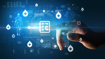 Doctor hand pressing futuristic health device with medical symbol on screen