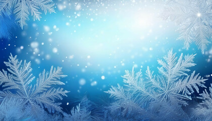 Fototapeta na wymiar Beautiful abstract winter christmas background with snowflakes and plants in hoarfrost.