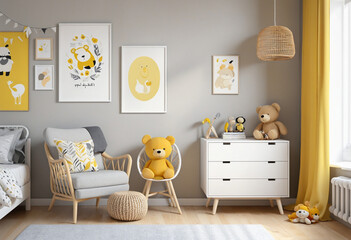 A creatively designed childrens room interior featuring a mock up poster frame, a white desk, a yellow armchair, plush toys, a pouf, a rattan sideboard, a gray lamp, and various personal accessories c
