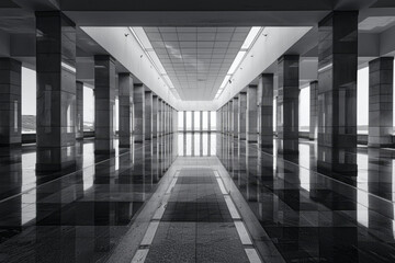 Modern Hallway with Reflective Marble Floor and Symmetrical Architecture - Powered by Adobe