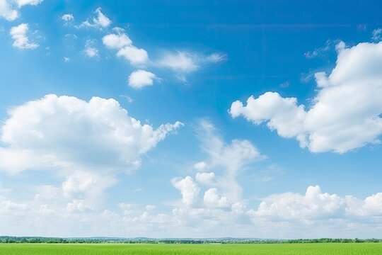 World environment day concept: Abstract blurred beautiful green nature with blue sky and white clouds wallpaper background - generative ai