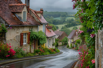 Fototapeta na wymiar A highway passing through a charming countryside village, with quaint cottages and historic buildings lining the route and colorful flower gardens blooming along the roadside, offering a picturesque d