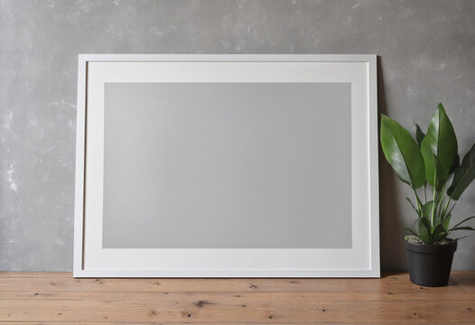 Horizontal frame mock-up of a poster on a wooden table with a gray wall as the backdrop. illustration colorful background