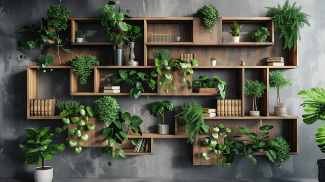 a contemporary style bookshelf adorned with plants that serves as a modern decorative element for virtual office backdrops studio backgrounds or can be printed in a large format to enhance a back