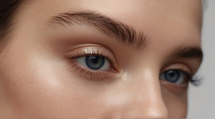 Fototapeta premium Close up of beautiful woman's blue eyes with eyelash and brow lift. 